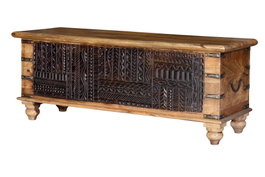 GINER Y COLOMER Buffet en bois de manguier, ouverture supérieure, grand rangement, devant sculpté à la main, couleur naturelle